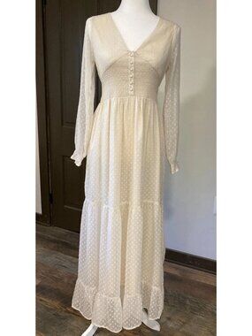 Patrons of Peace Cream Polka Dot Long Sleeve Tiered Cottagecore Maxi Dress